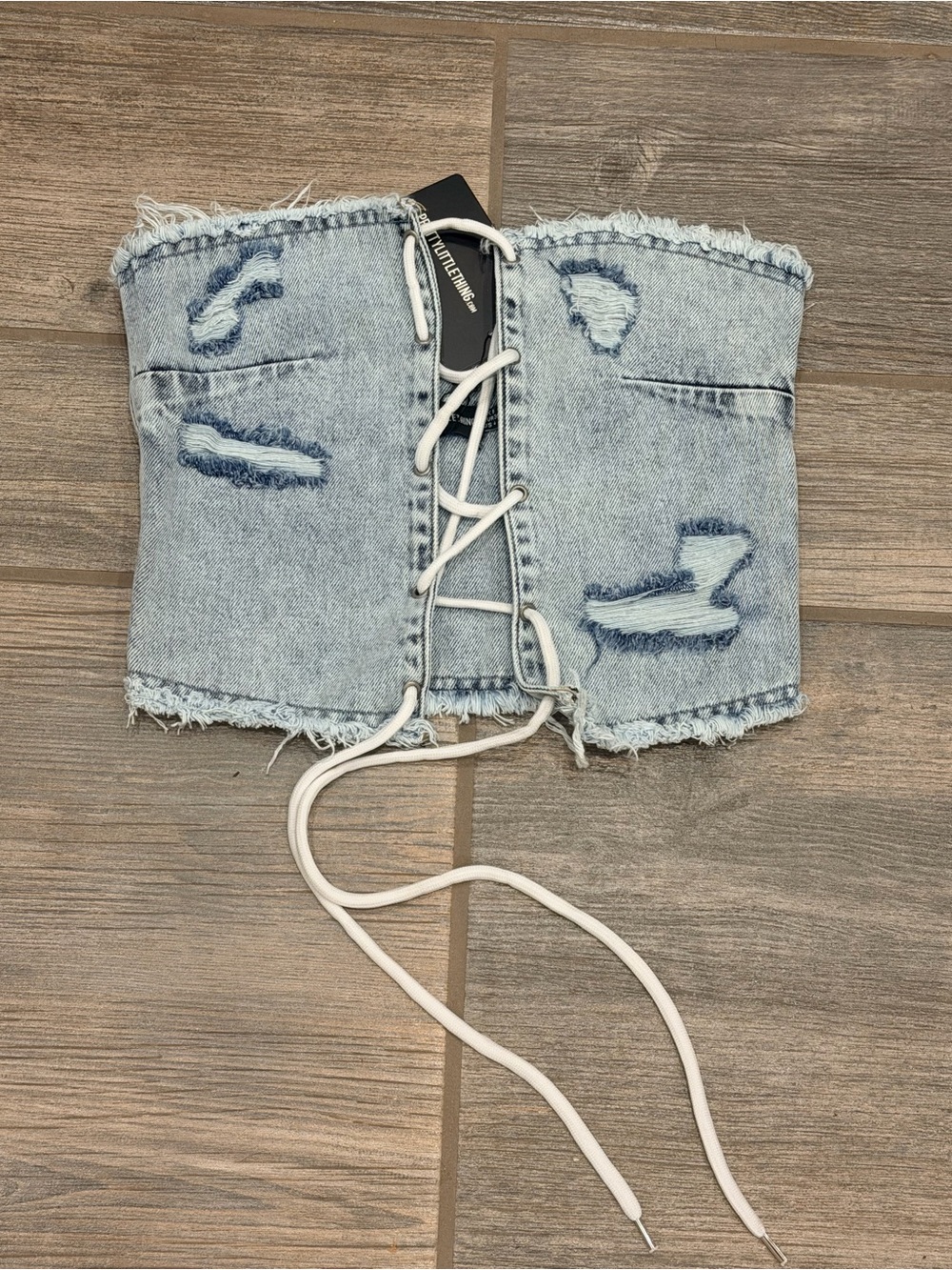 PrettyLittle Thing light blue denim strapless top